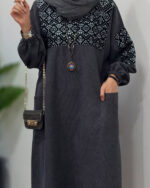 پیراهن مانتویی مخمل کبریتی سوزندوزی ذغالی