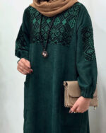 پیراهن مانتویی مخمل کبریتی سوزندوزی سبز