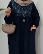 پیراهن مانتویی مخمل کبریتی سوزندوزی سرمه ای