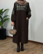 پیراهن مانتویی مخمل کبریتی سوزندوزی قهوه ای