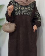 پیراهن مانتویی مخمل کبریتی سوزندوزی قهوه ای