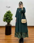 ست کفتان و دامن آیسان رنگ سبز، مانتو مخمل کبریتی بلند با دامن لینن گلدار، استایل هنری دخترانه با کفتان و دامن.
