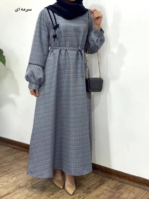 پیراهن مانتویی پاپیون سرمه ای