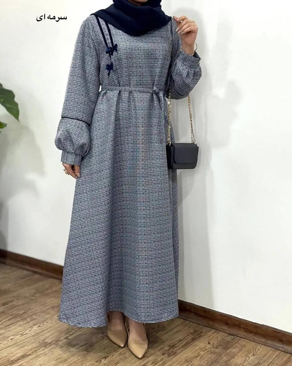 پیراهن مانتویی پاپیون سرمه ای